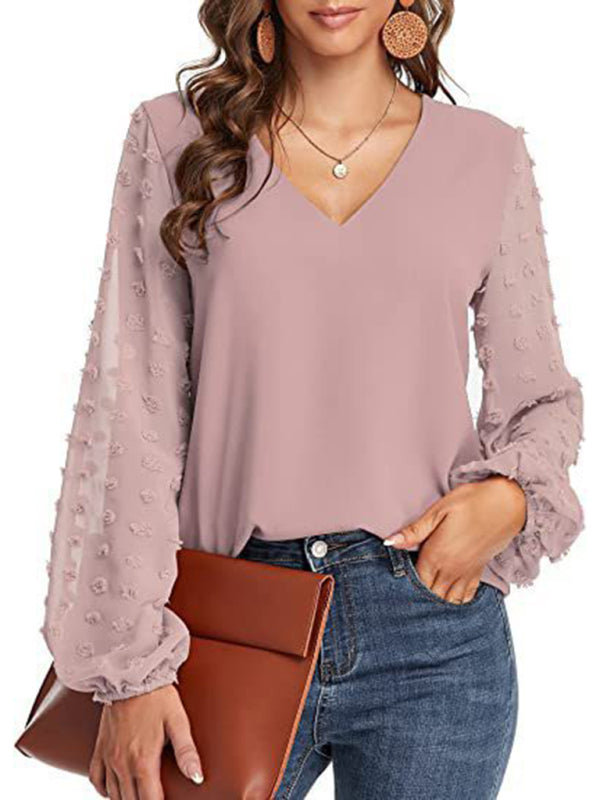 Women's Solid Color V Neck Dotted Sheer Sleeve Top