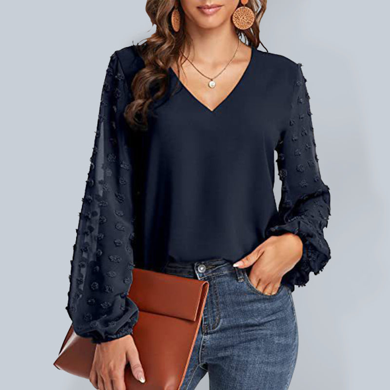 Women's Solid Color V Neck Dotted Sheer Sleeve Top