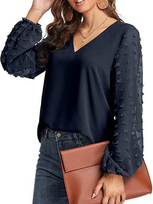 Women's Solid Color V Neck Dotted Sheer Sleeve Top