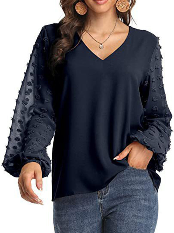 Women's Solid Color V Neck Dotted Sheer Sleeve Top