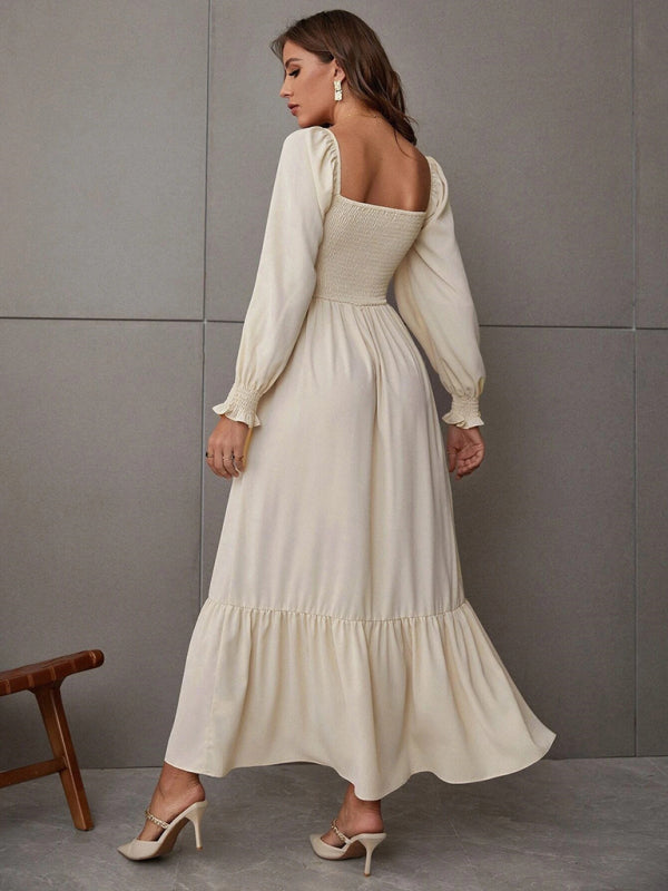 Women's Solid Color Smocked Long Sleeve Tiered Maxi Dress