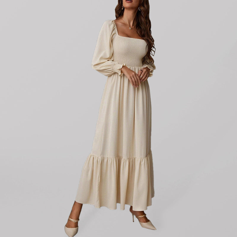 Women's Solid Color Smocked Long Sleeve Tiered Maxi Dress