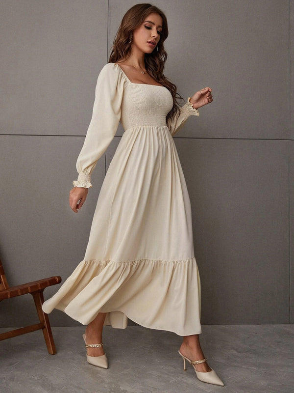 Women's Solid Color Smocked Long Sleeve Tiered Maxi Dress