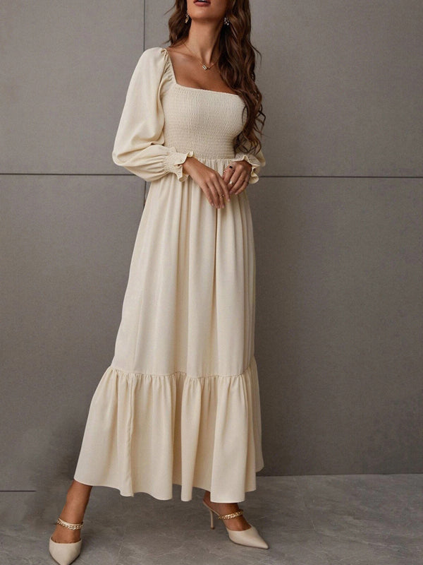 Women's Solid Color Smocked Long Sleeve Tiered Maxi Dress