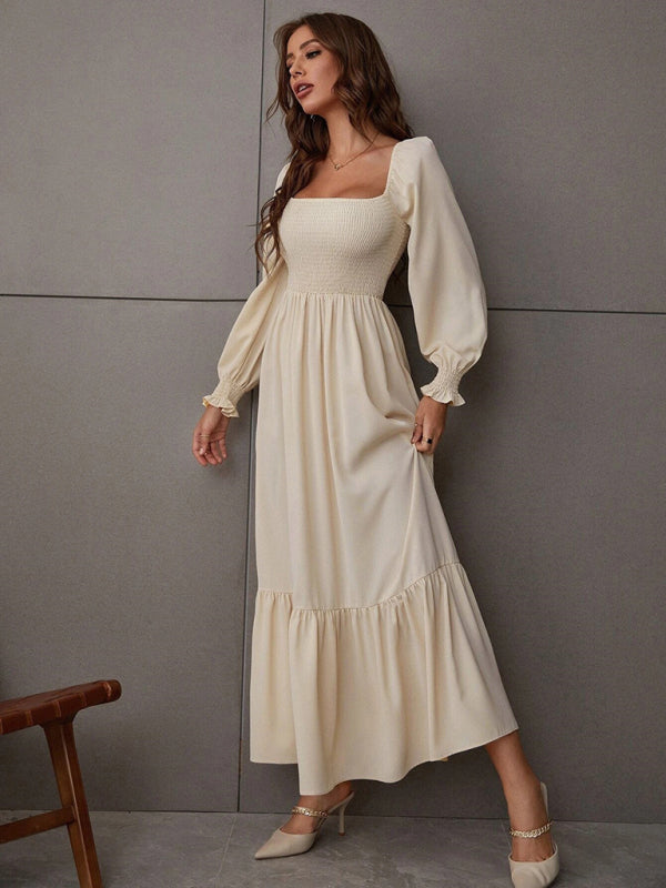 Women's Solid Color Smocked Long Sleeve Tiered Maxi Dress