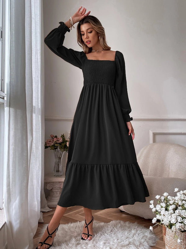 Women's Solid Color Smocked Long Sleeve Tiered Maxi Dress