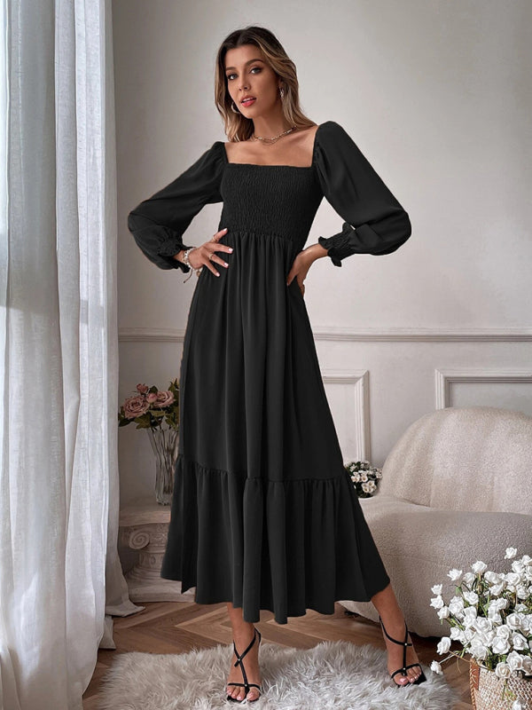Women's Solid Color Smocked Long Sleeve Tiered Maxi Dress