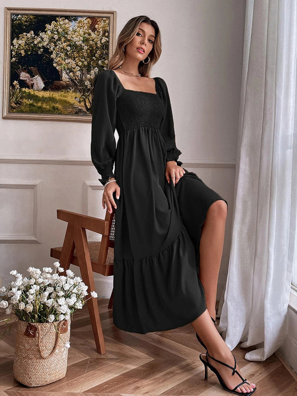 Women's Solid Color Smocked Long Sleeve Tiered Maxi Dress