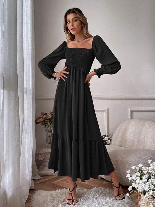 Women's Solid Color Smocked Long Sleeve Tiered Maxi Dress