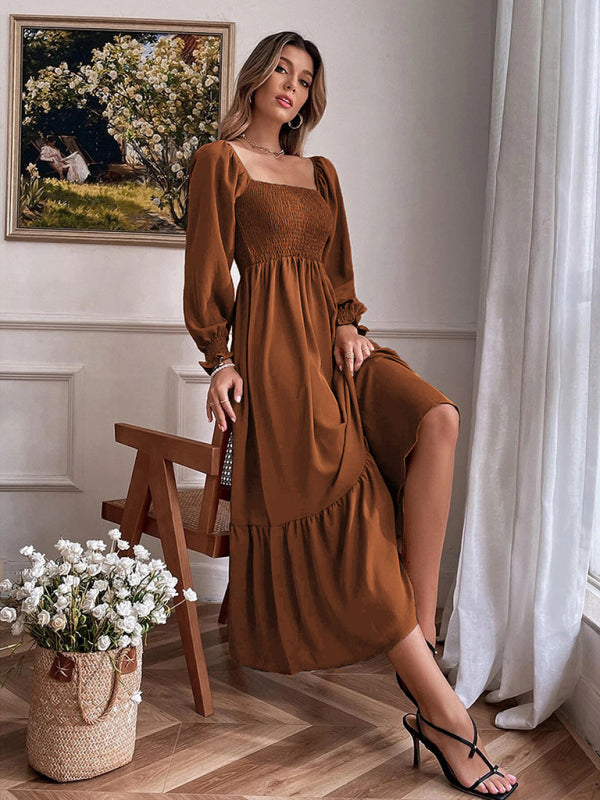 Women's Solid Color Smocked Long Sleeve Tiered Maxi Dress