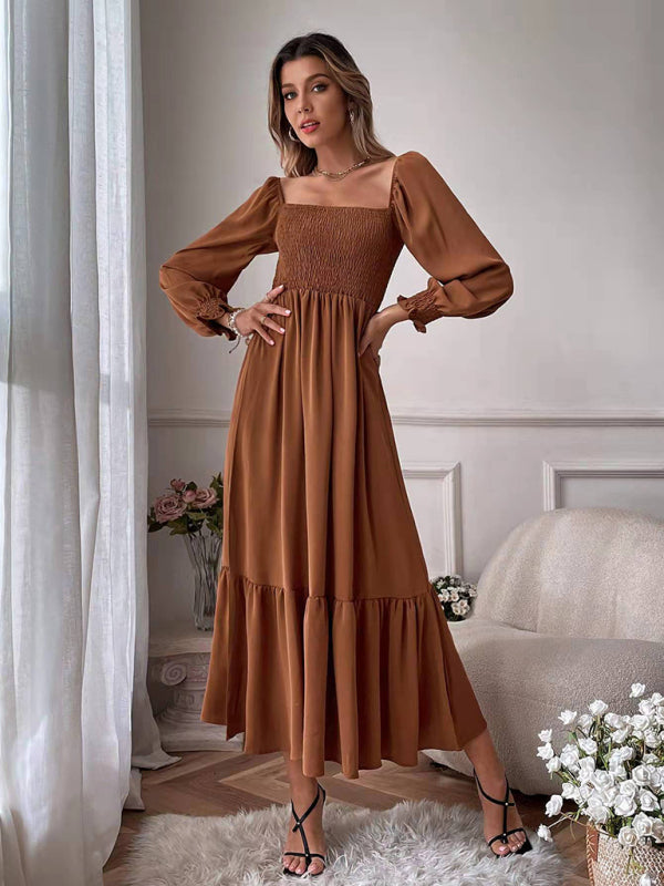 Women's Solid Color Smocked Long Sleeve Tiered Maxi Dress