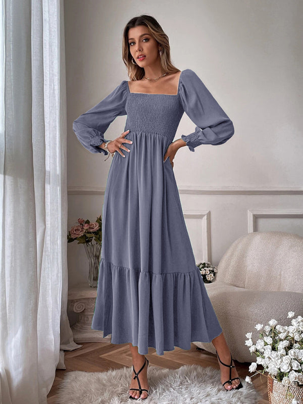 Women's Solid Color Smocked Long Sleeve Tiered Maxi Dress