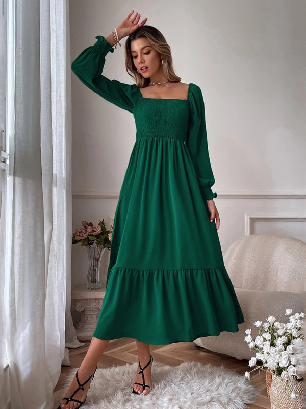 Women's Solid Color Smocked Long Sleeve Tiered Maxi Dress