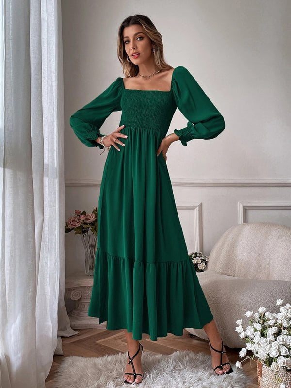 Women's Solid Color Smocked Long Sleeve Tiered Maxi Dress