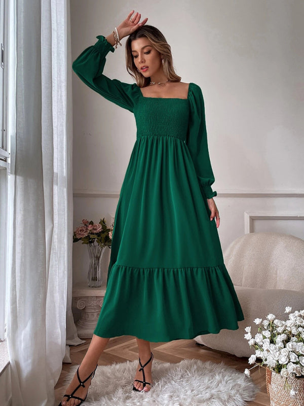 Women's Solid Color Smocked Long Sleeve Tiered Maxi Dress