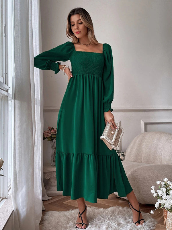 Women's Solid Color Smocked Long Sleeve Tiered Maxi Dress