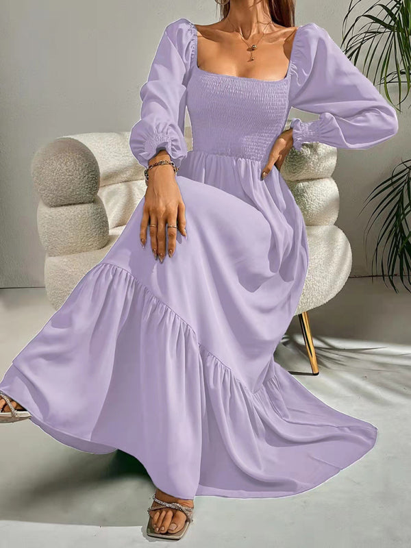 Women's Solid Color Smocked Long Sleeve Tiered Maxi Dress