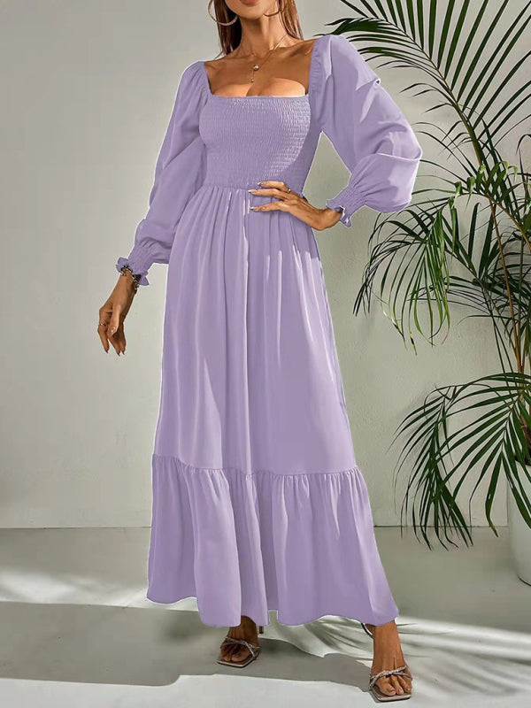 Women's Solid Color Smocked Long Sleeve Tiered Maxi Dress