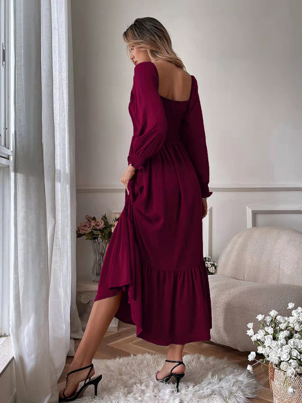 Women's Solid Color Smocked Long Sleeve Tiered Maxi Dress