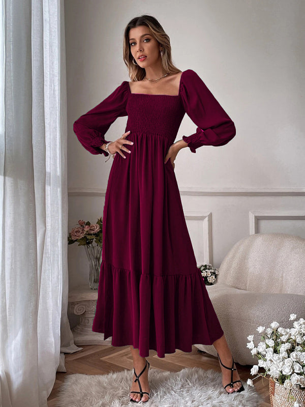 Women's Solid Color Smocked Long Sleeve Tiered Maxi Dress