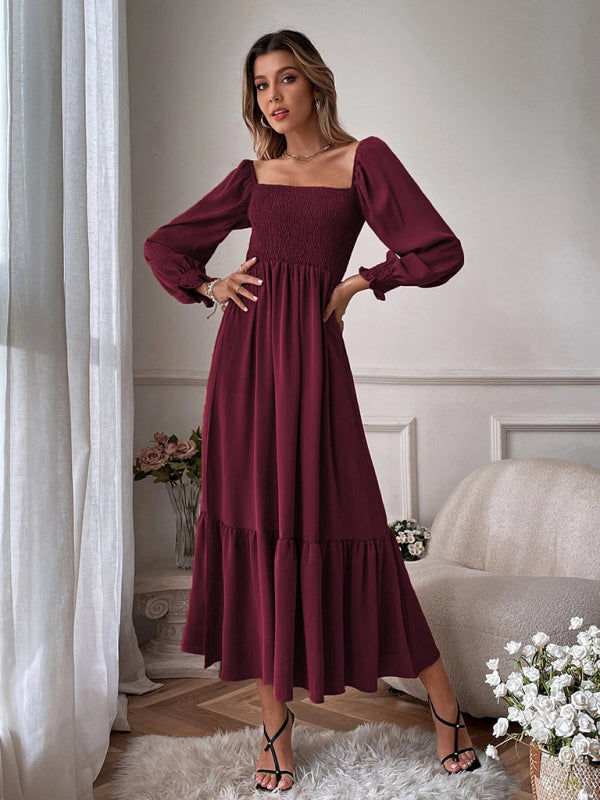 Women's Solid Color Smocked Long Sleeve Tiered Maxi Dress
