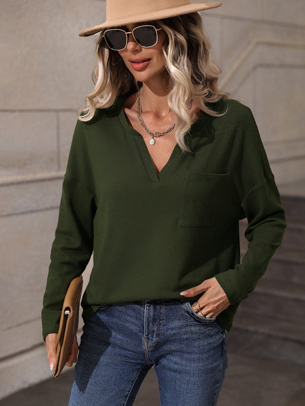 Women's Solid Color Cloud Jersey Long Sleeve V Neck Top