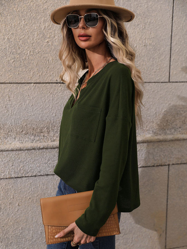 Women's Solid Color Cloud Jersey Long Sleeve V Neck Top