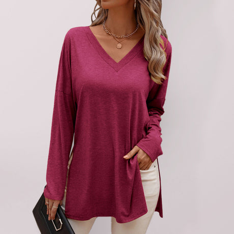 Women's Solid Color V Neck Essential Long Sleeve Side Slit Longline T- Shirt