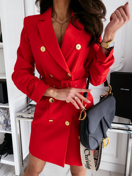 Women's Solid Color Double-breasted Belted Long Sleeve Blazer Dress