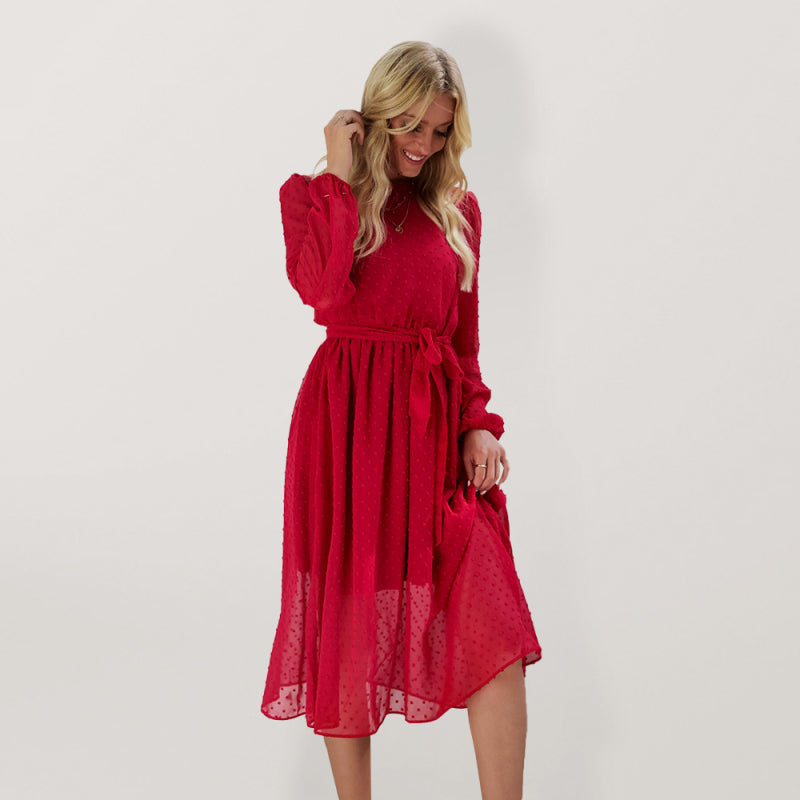 Women's Solid Color Clip Dot Puff Sleeve Tie Front Midi Dress