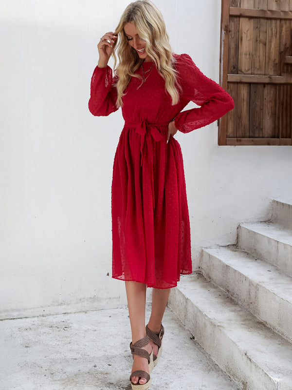 Women's Solid Color Clip Dot Puff Sleeve Tie Front Midi Dress