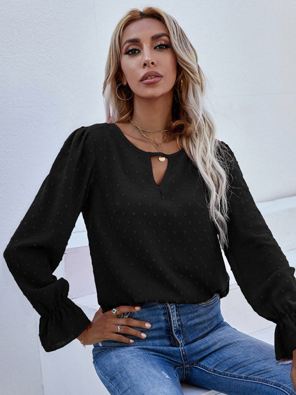 Women's Solid Color Clip Dot Front Keyhole Top