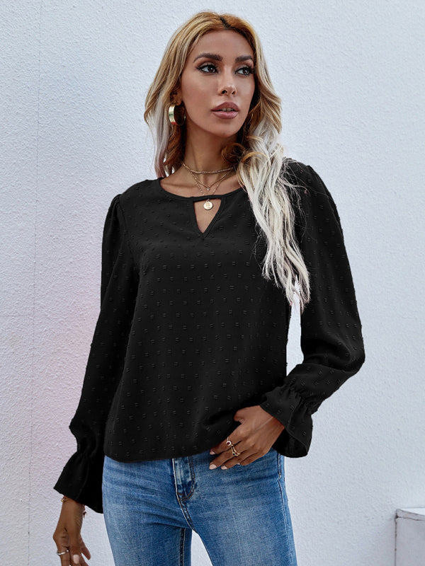 Women's Solid Color Clip Dot Front Keyhole Top