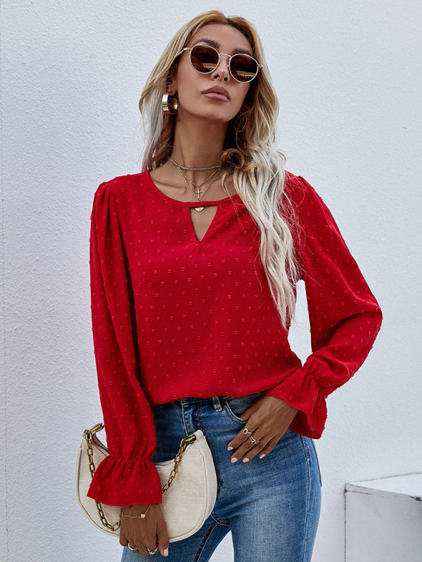 Women's Solid Color Clip Dot Front Keyhole Top