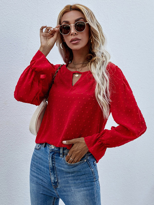 Women's Solid Color Clip Dot Front Keyhole Top