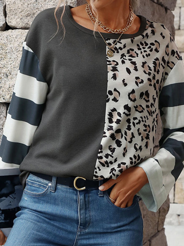 Women's Colorblock Leopard Print Stripe Long Sleeve Top