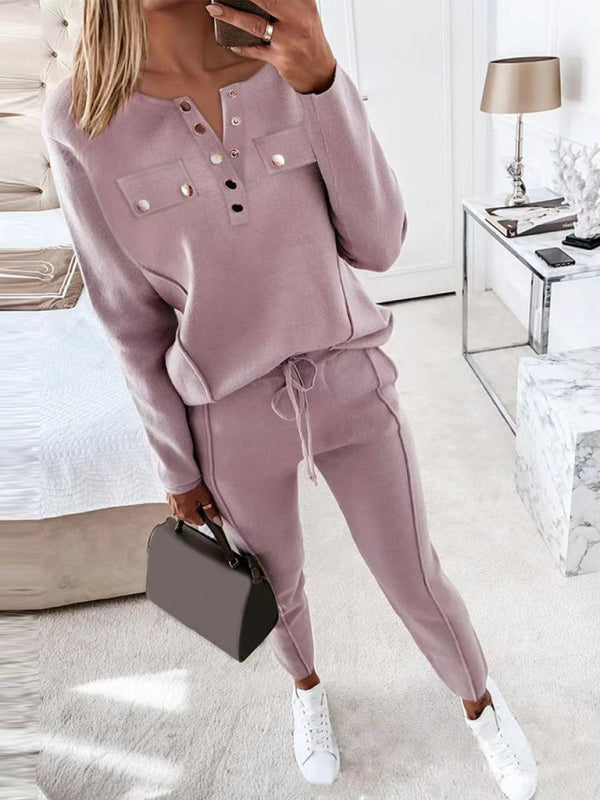 Women's Solid Color Button Front Sweatshirt And Joggers Set