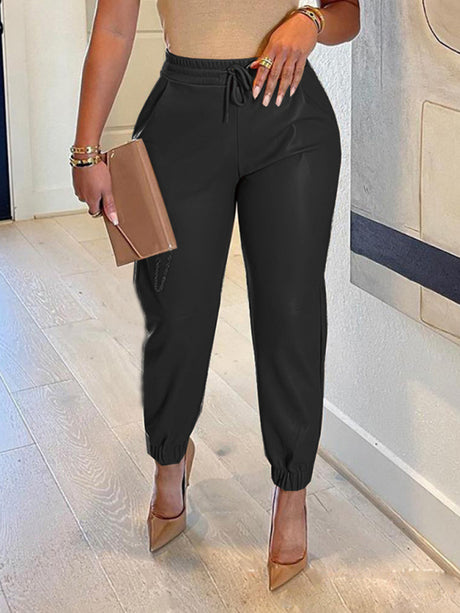 Women's Solid Color Faux Leather Drawstring Pants