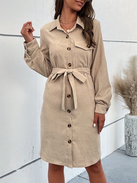 Women's Solid Color Long Sleeve Corduroy Shirtdress