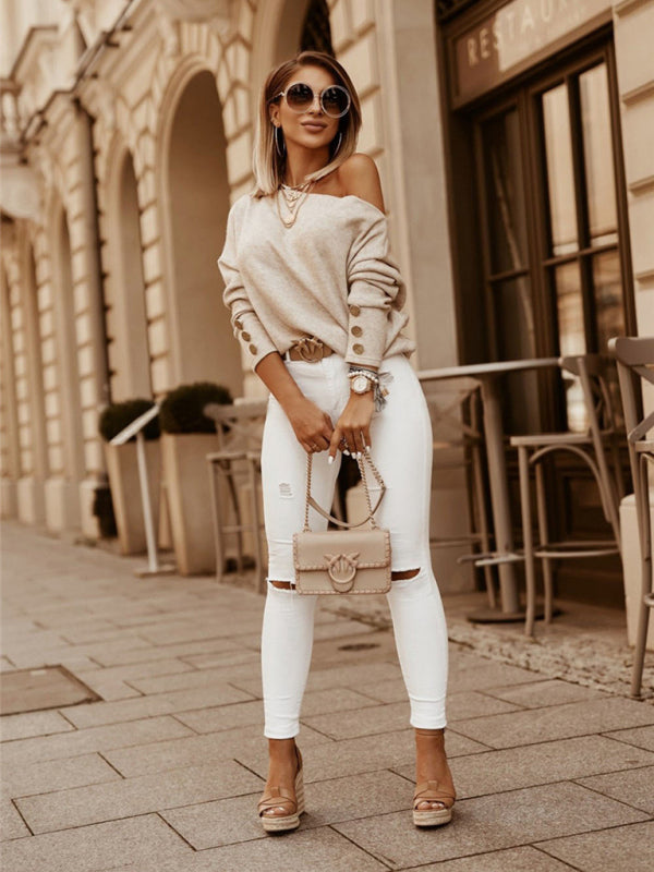 Women's Solid Color Gold Button Long Sleeve The Shoulder Knit Top