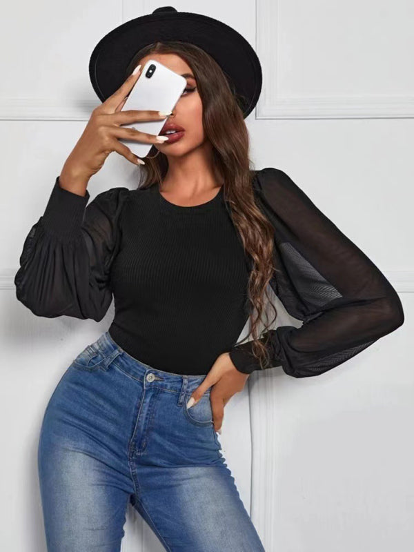 Women's Solid Color Mesh Sleeve Blouse