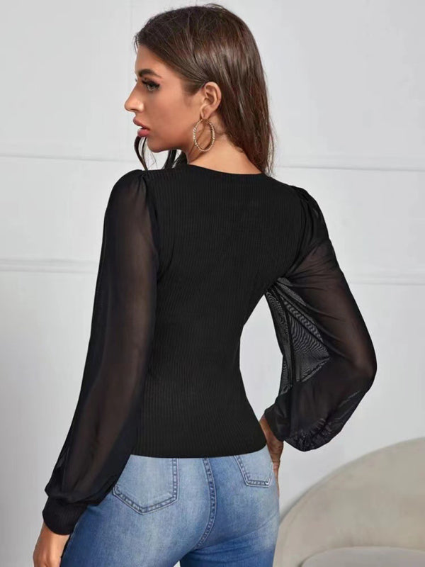 Women's Solid Color Mesh Sleeve Blouse