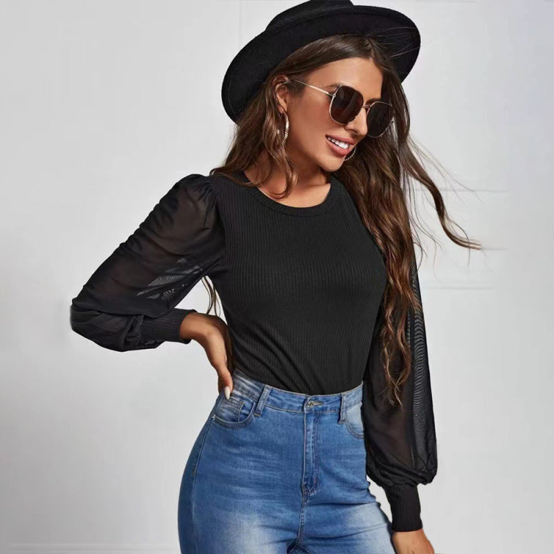 Women's Solid Color Mesh Sleeve Blouse