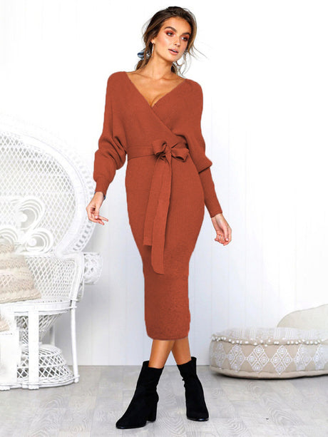 Women's Solid Color Long Sleeve Faux Wrap Sweater Dress