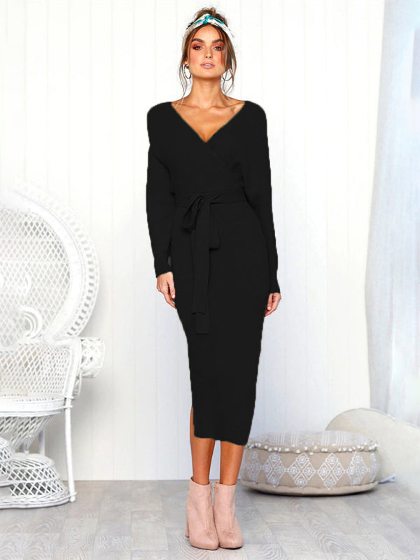 Women's Solid Color Long Sleeve Faux Wrap Sweater Dress