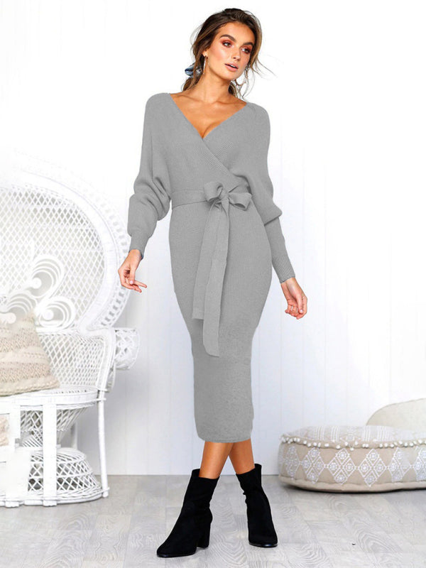 Women's Solid Color Long Sleeve Faux Wrap Sweater Dress