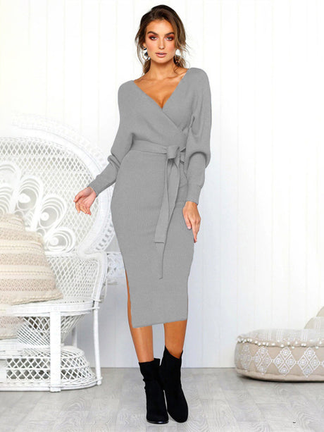 Women's Solid Color Long Sleeve Faux Wrap Sweater Dress
