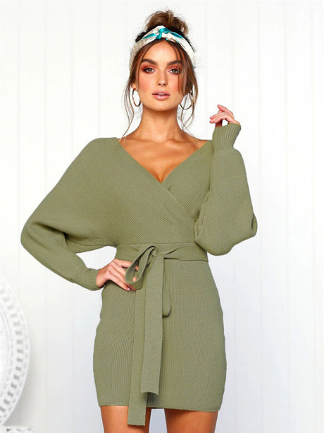 Women's Solid Color Long Sleeve Faux Wrap Sweater Dress