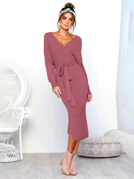 Women's Solid Color Long Sleeve Faux Wrap Sweater Dress
