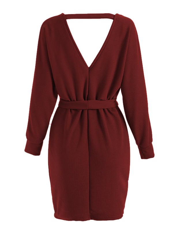 Women's Solid Color Long Sleeve Faux Wrap Sweater Dress